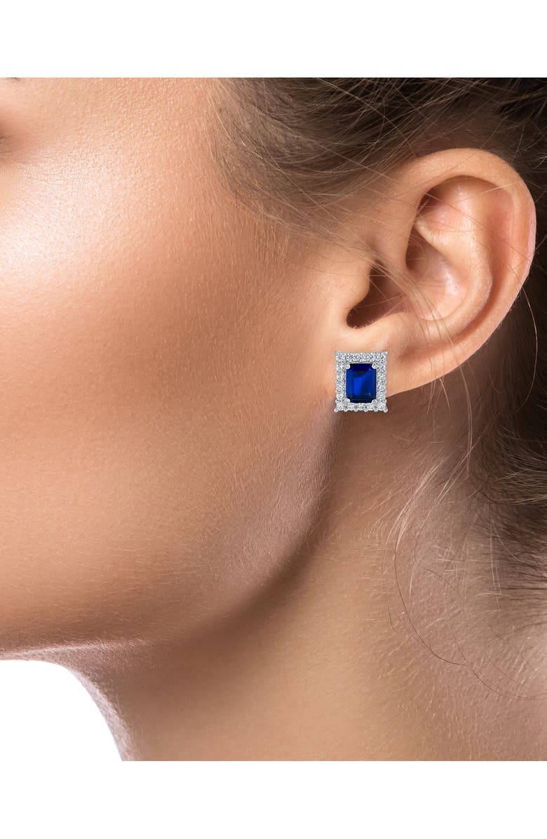 CZ by Kenneth Jay Lane Emerald Cut CZ Pavé Halo Stud Earrings, Alternate, color, Blue/ Silver