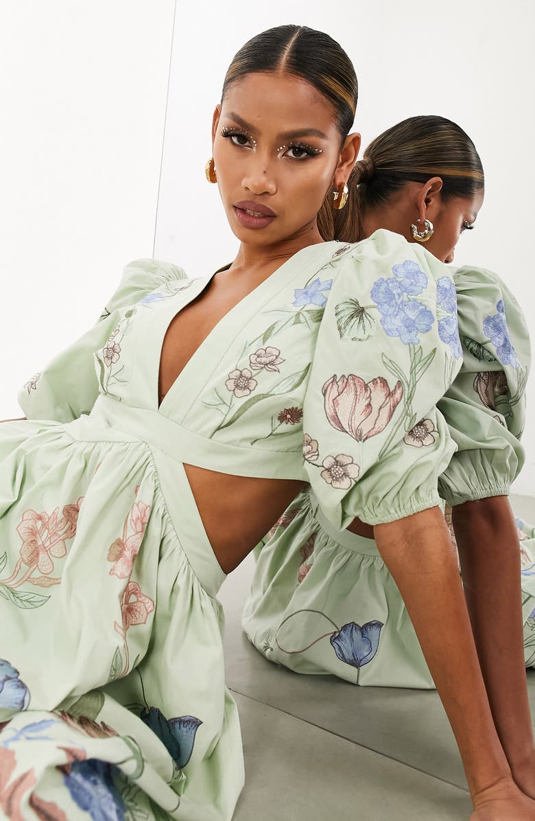 ASOS DESIGN Floral Embroidered Cutout Puff Sleeve Maxi Dress, Alternate, color, 
