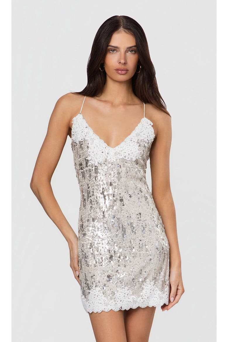 Cella Lace Combo Sequin Dress, Main, color, Silvery Champagne/White