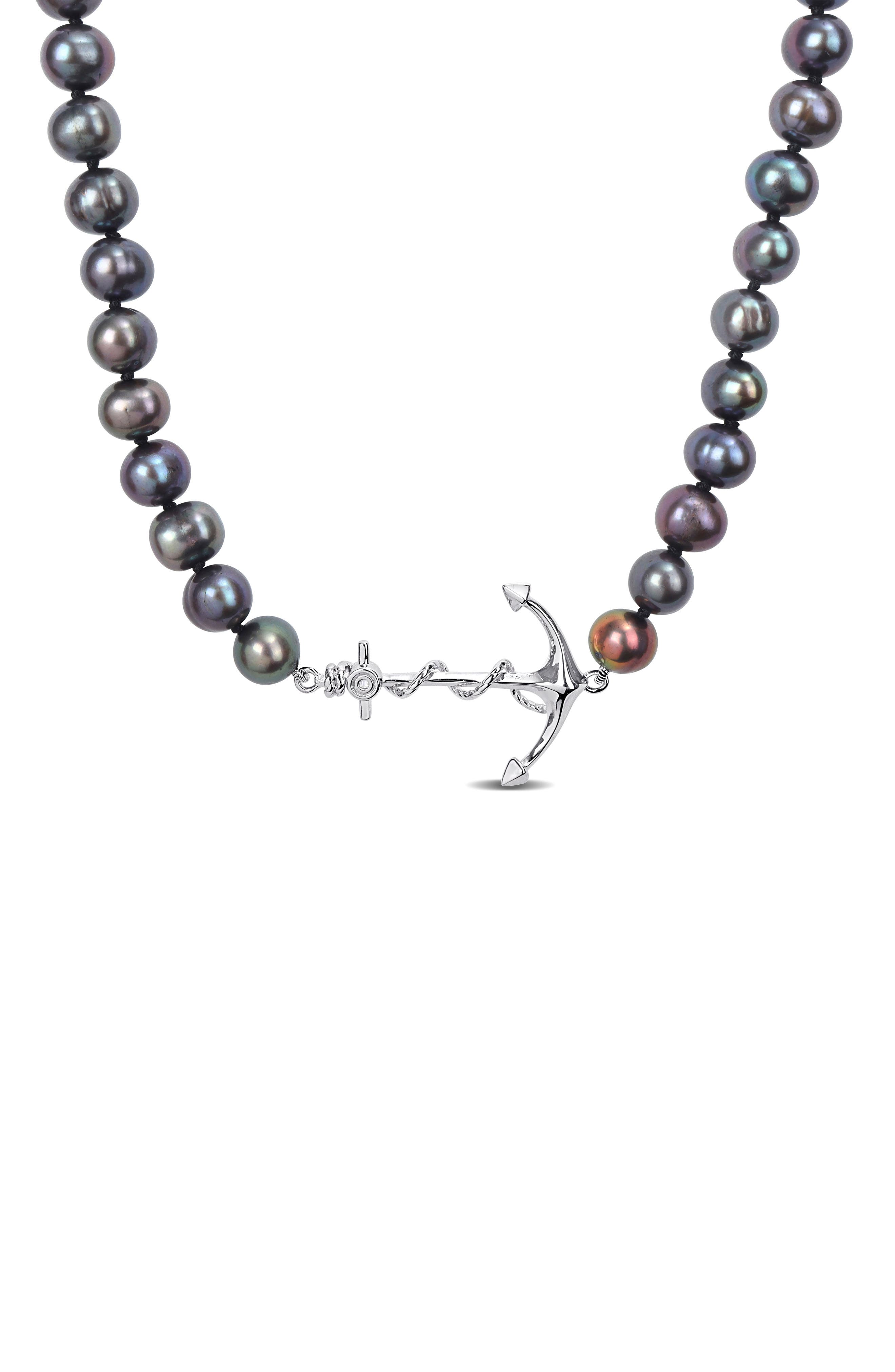 DELMAR Men's Cultured Freshwater Pearl Black Diamond Crown Pendant Necklace - 0.36ct.