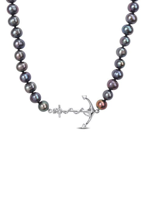 Men's Cultured Freshwater Pearl Black Diamond Crown Pendant Necklace - 0.36ct.