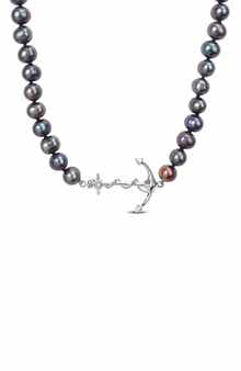DELMAR Men's Cultured Freshwater Pearl Black Diamond Crown Pendant Necklace - 0.36ct.