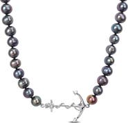 DELMAR Men's Cultured Freshwater Pearl Black Diamond Crown Pendant Necklace - 0.36ct.