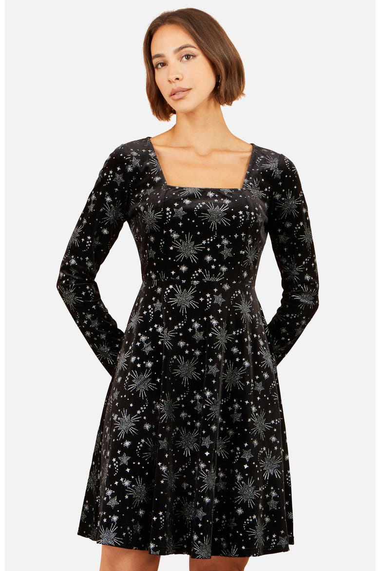 Starburst Foil Skater Dress, Alternate, color, Black