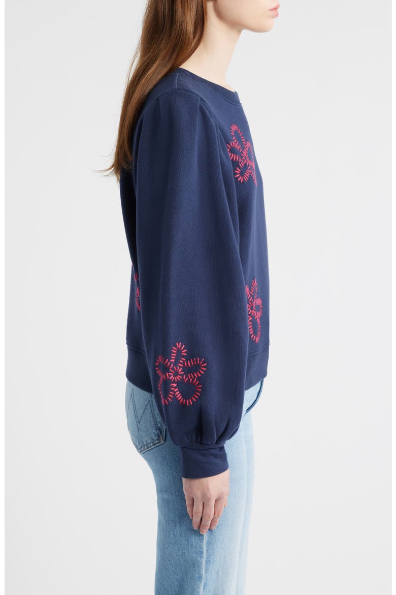 Tiffany Floral Embroidered Balloon Sleeve Cotton Sweatshirt, Alternate, color, NAVY