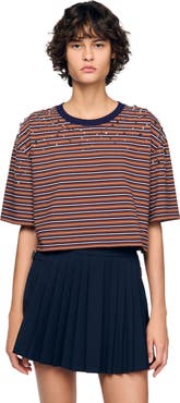 SANDRO Striped rhinestone T-shirt