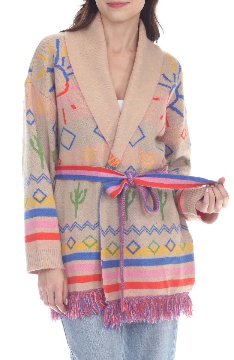 RAIN AND ROSE Fringe Tie Belt Wrap Cardigan, Main, color, Crayola