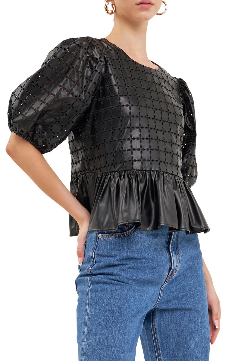English Factory Puff Sleeve Eyelet Faux Leather Top, Alternate, color, 
