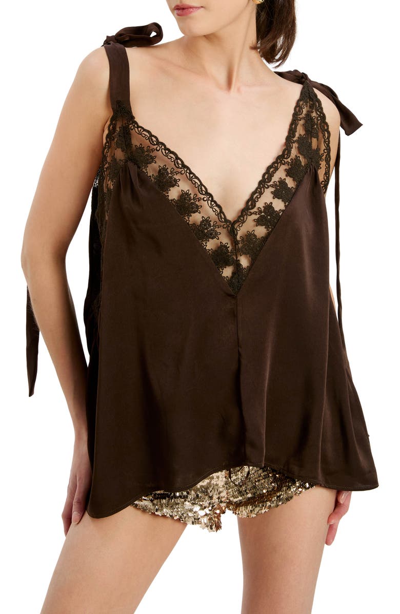 Bardot Aubrey Embroidered Tie Strap Camisole, Alternate, color, Dark Choco