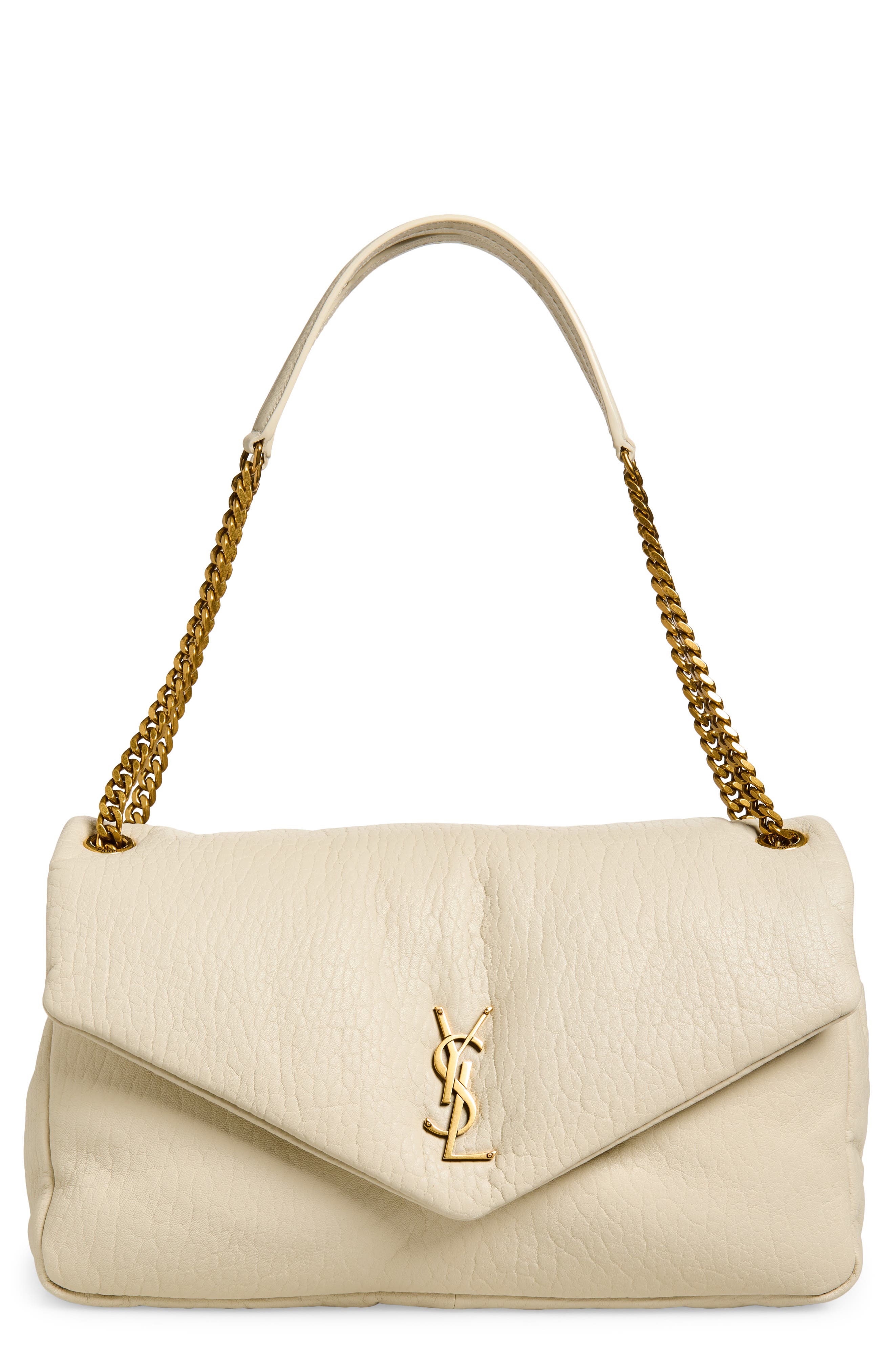 Saint Laurent Large Calypso Leather Shoulder Bag, Main, color, Crema Soft