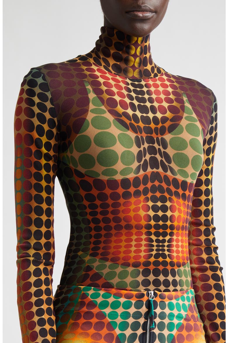 Re-Edition Polka Dot Trompe l'Oeil Long Sleeve Mesh Top, Alternate, color, ORANGE/ BLUE/ BROWN