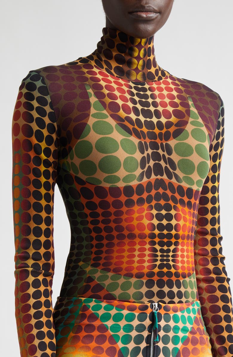 Jean Paul Gaultier Re-Edition Polka Dot Trompe l'Oeil Long Sleeve Mesh Top, Alternate, color, Orange/ Blue/ Brown