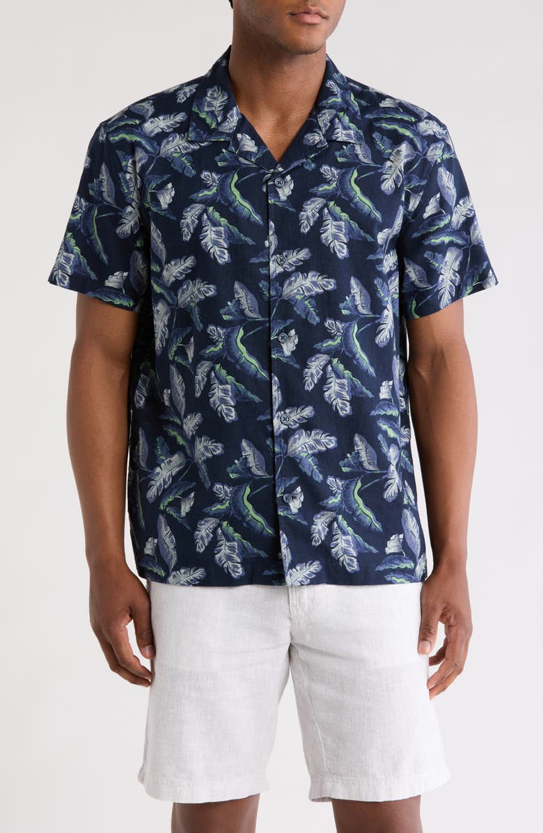 14th & Union Linen & Cotton Blend Short Sleeve Button-Up Camp Shirt, Main, color, Navy Lucky Palms