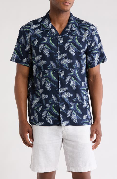 Linen & Cotton Blend Short Sleeve Button-Up Camp Shirt