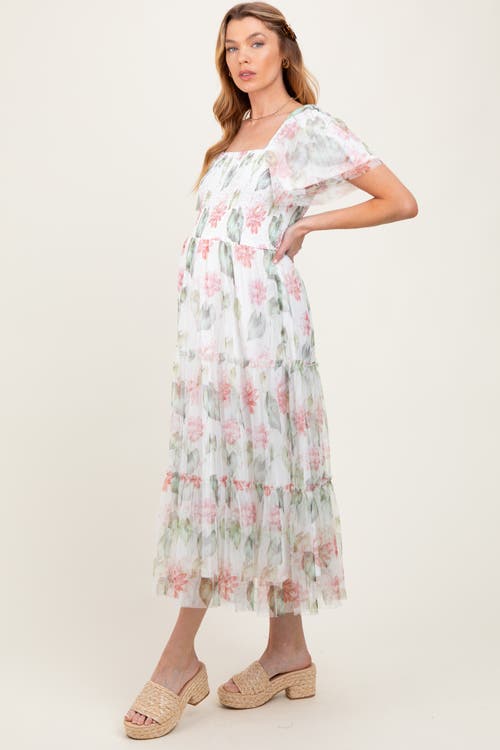 Pinkblush Floral Mesh Smocked Midi Dress In White