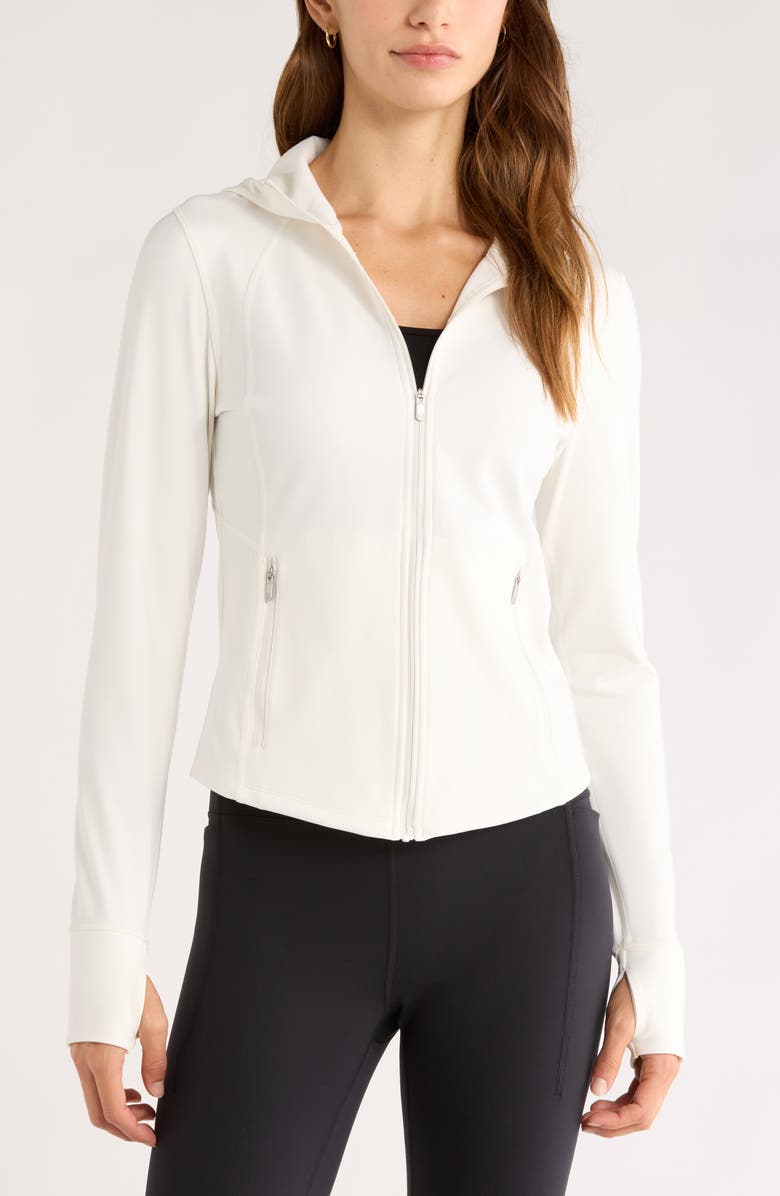 Zella Cozy Tech Zip Hooded Jacket, Main, color, Ivory Egret