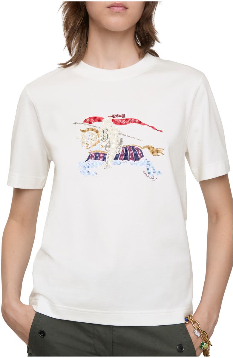 Burberry Crystal Knight Cotton T-shirt, Main, color, Chalk White