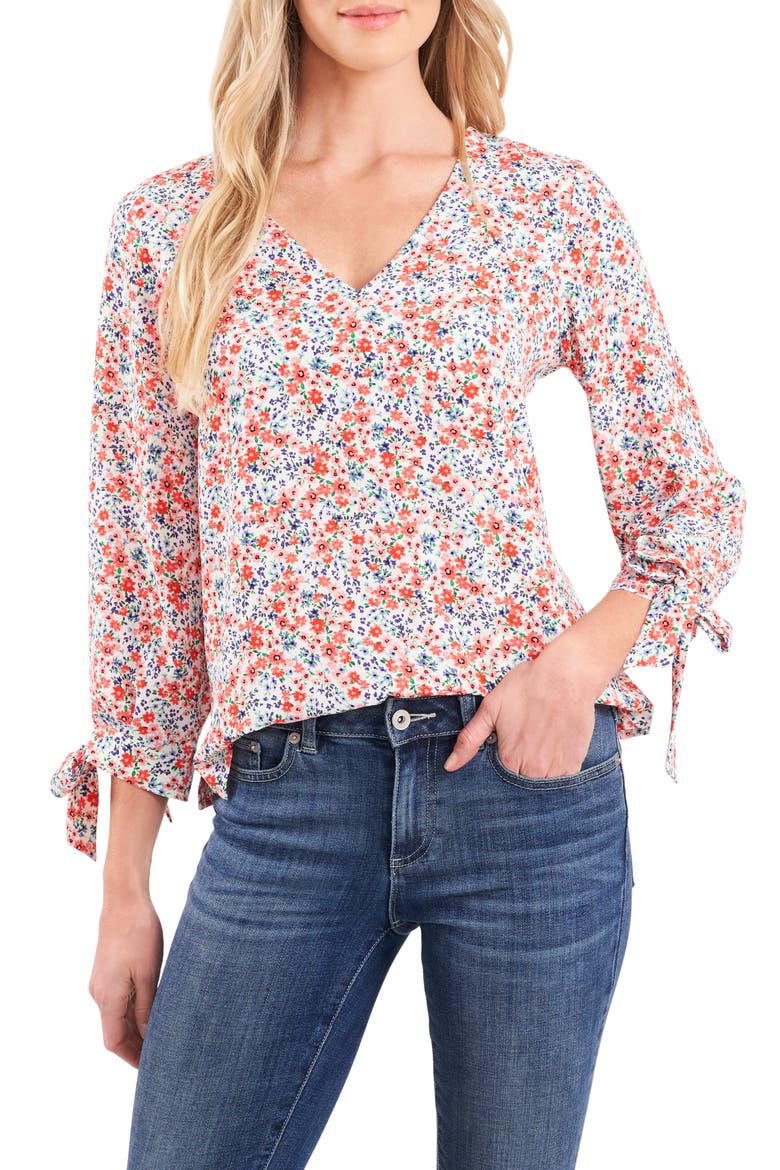 Marabella Ditsy Tie Sleeve Blouse, Main, color, SOFT ECRU