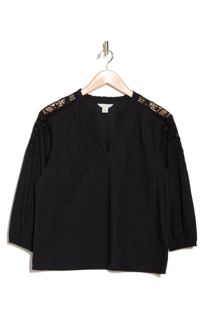 Caslon<sup>®</sup> Eyelet Lace Balloon Sleeve Cotton Poplin Top, Alternate, color, Black