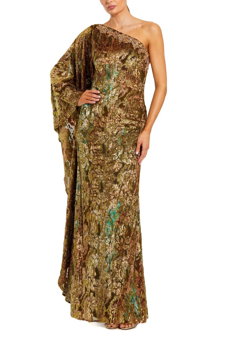 One Shoulder Metallic Burnout Velvet Evening Gown, Main, color, Gold Multi