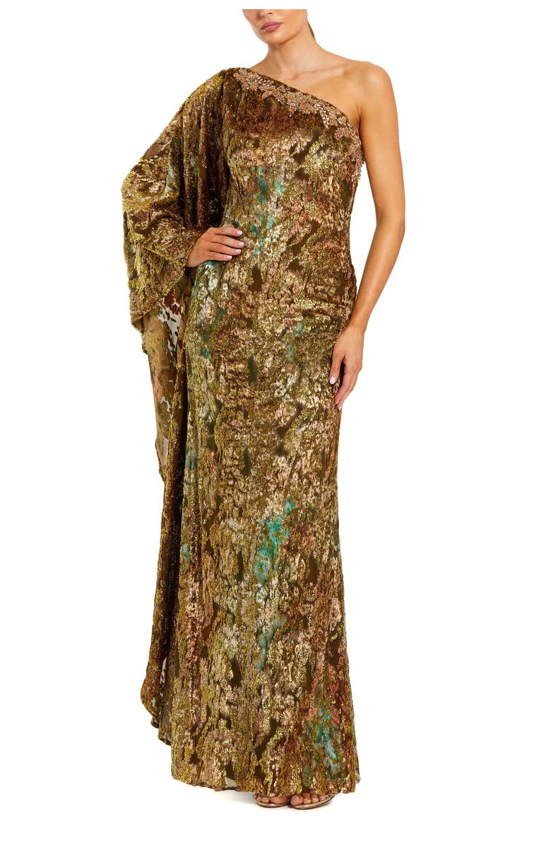 Mac Duggal One Shoulder Metallic Burnout Velvet Evening Gown, Main, color, Gold Multi
