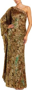 Mac Duggal One Shoulder Metallic Burnout Velvet Evening Gown