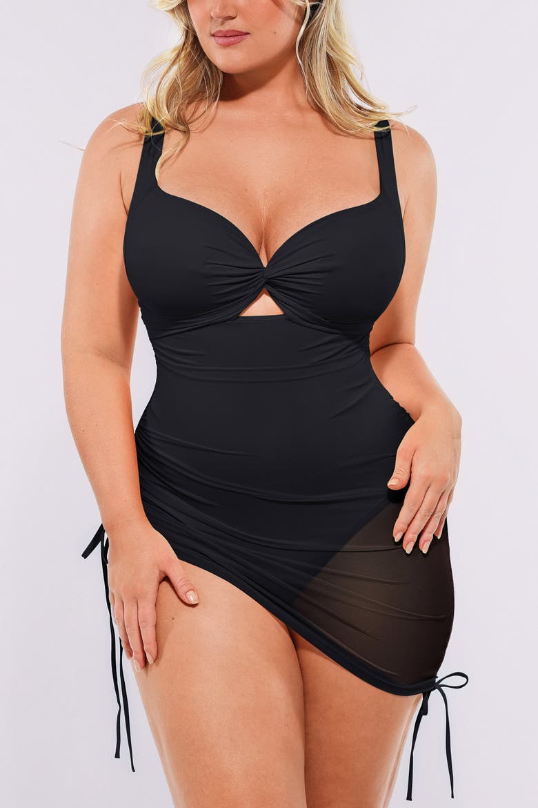 Mesh Wrap Tummy Control One Piece Swimsuit, Main, color, Black