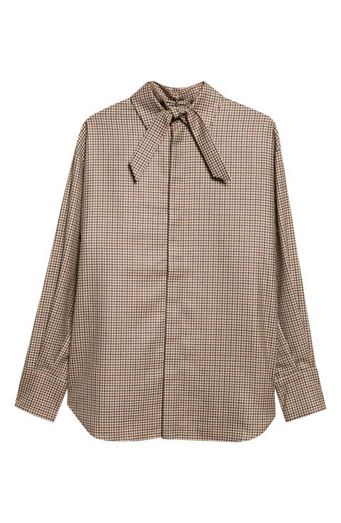 Houndstooth Wool Tie Neck Shirt