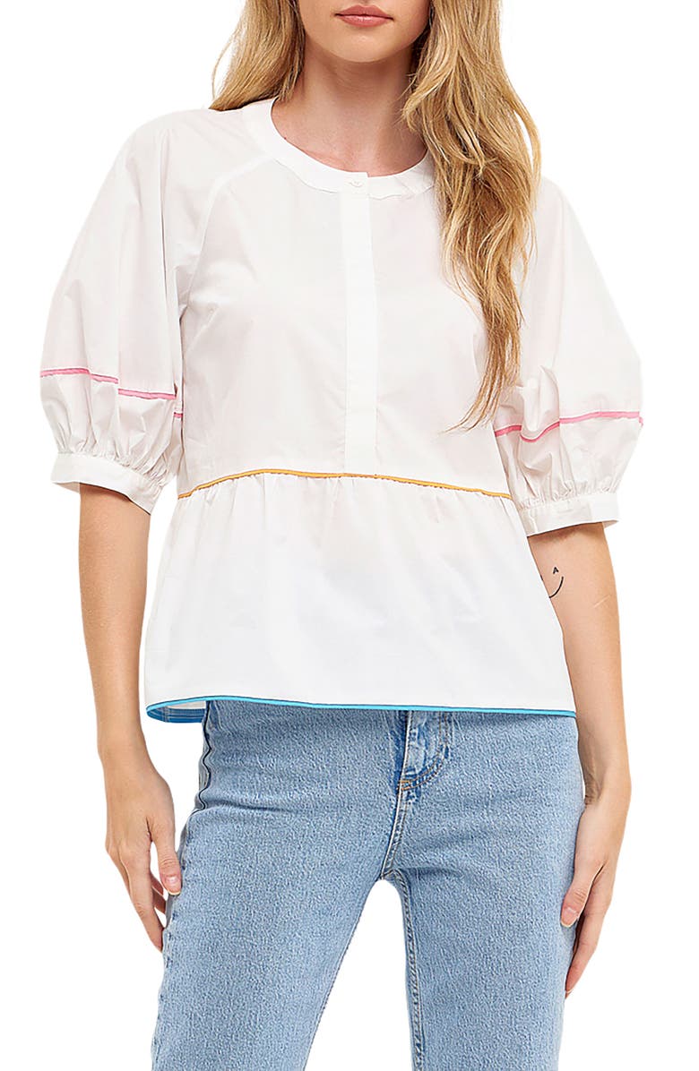 English Factory Piping Detail Blouse, Main, color, Ivory