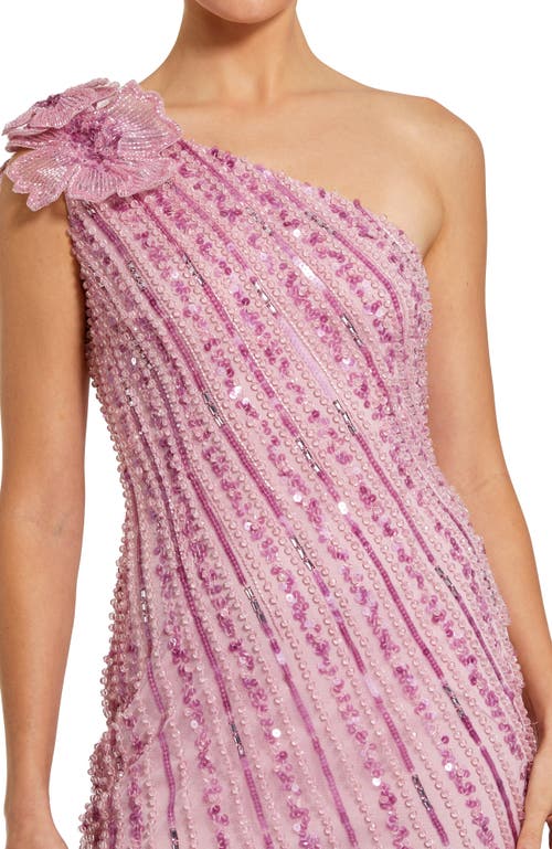 Mac Duggal 3d Flower Detail One Shoulder Beaded Mesh Gown In Orchid