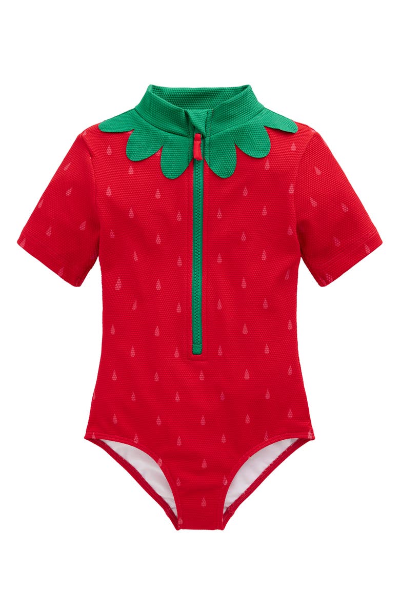 Mini Boden Kids' Short Sleeve One-Piece Rashguard Swimsuit, Main, color, Poppy Red Strawberry