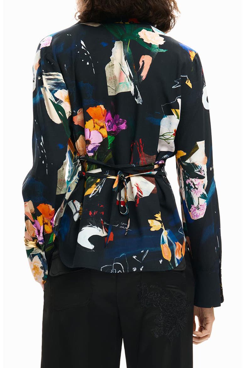 Printed Tie Back Button-Up Shirt, Alternate, color, BLACK