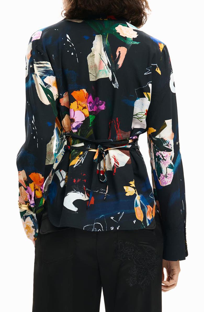 Desigual Printed Tie Back Button-Up Shirt, Alternate, color, Black