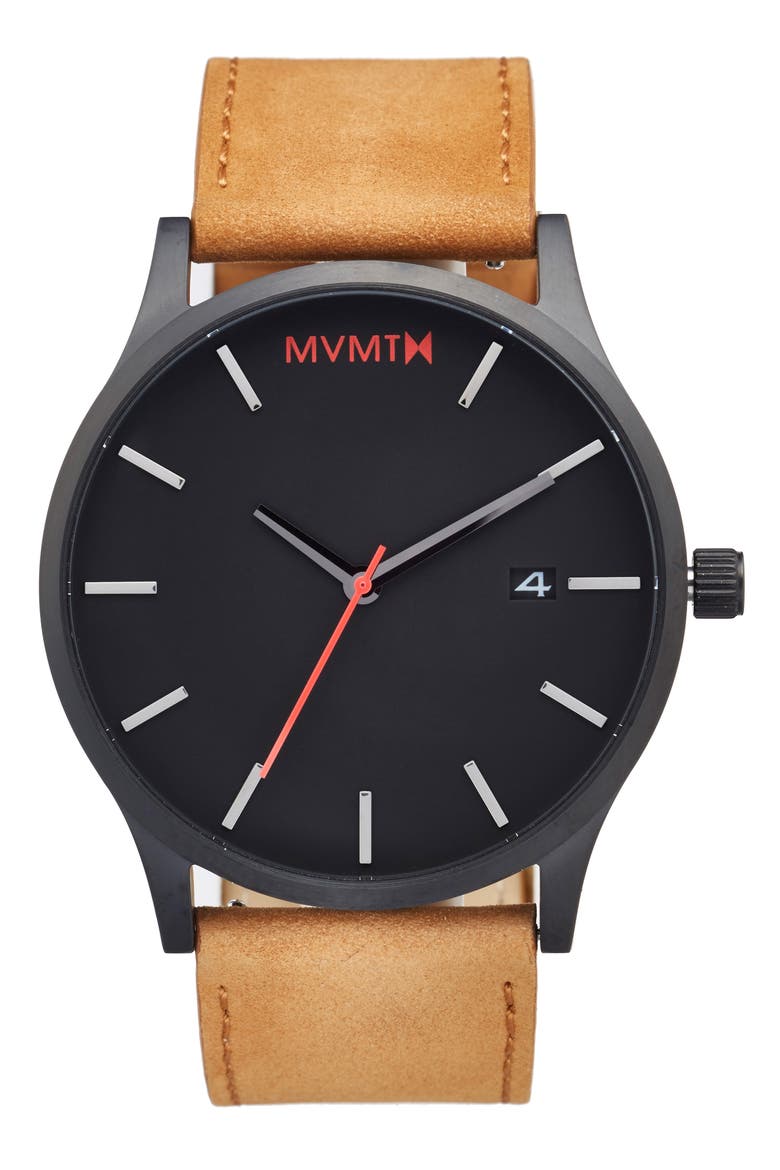 MVMT Leather Strap Watch, 45mm, Main, color, BLACK