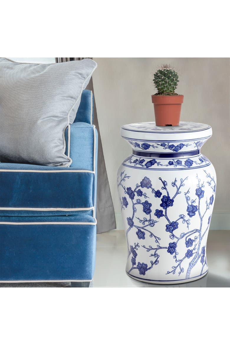 Cherry Blossom Traditional Chinoiserie Floral Ceramic Garden Stool, Indoor/Outdoor Patio Side Table, Accent Seat & End Table, Alternate, color, White/Blue