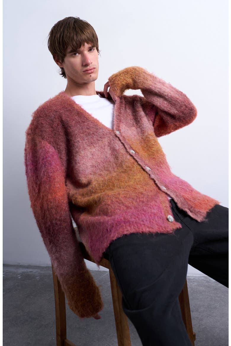 Oversize Ombré Stripe Fluffy Cardigan, Alternate, color, BURGUNDY