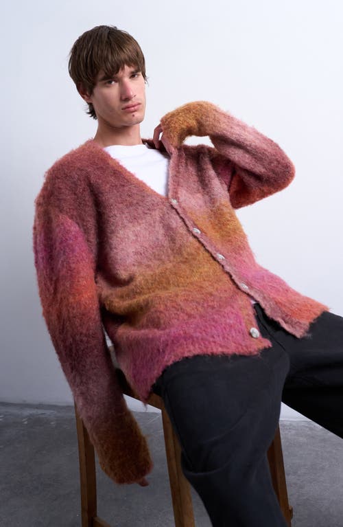 Topman Oversize Ombré Stripe Fluffy Cardigan In Burgundy