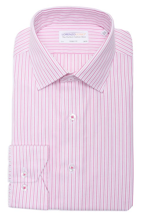 Trim Fit Textured Vertical Stripe Cotton Dress Shirt