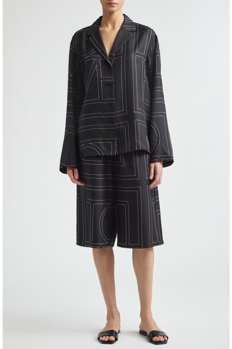 Monogram Embroidered Organic Silk Pajama Top, Alternate, color, BLACK