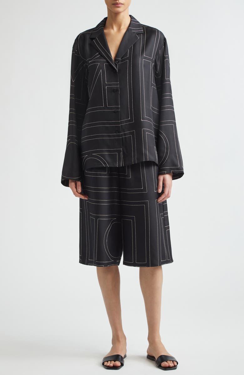 TOTEME Monogram Embroidered Organic Silk Pajama Top, Alternate, color, Black