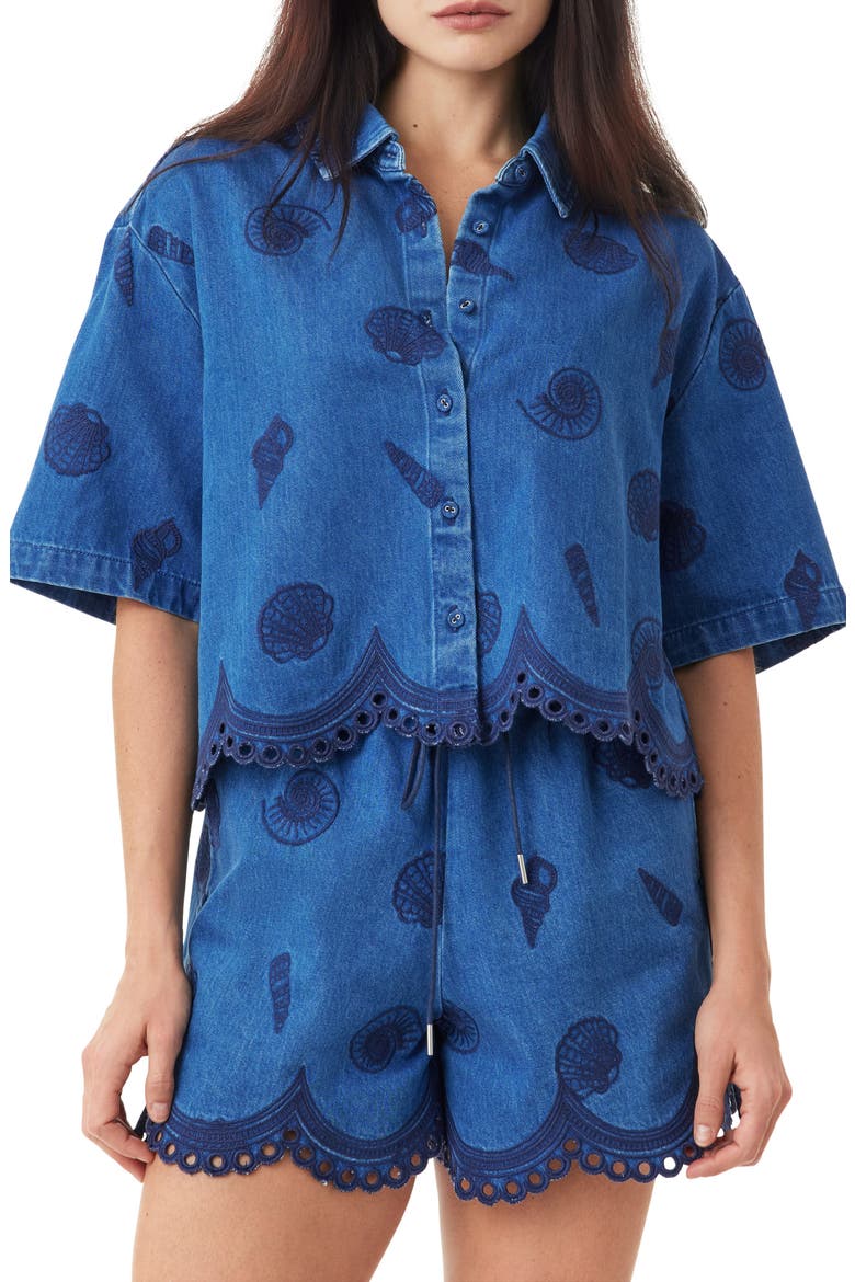 Seashell Embroidered Cropped Shirt, Main, color, MEDIUM BLUE