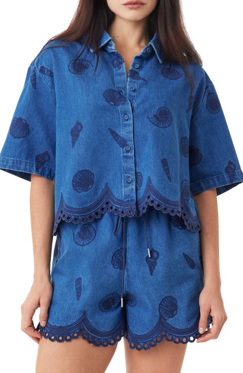 Seashell Embroidered Cropped Shirt