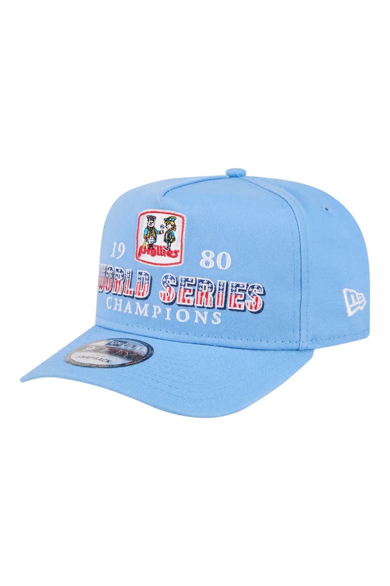 Men's New Era Light Blue Philadelphia Phillies 1980 World Series Champions Throwback 9FIFTY A-Frame Snapback Hat, Alternate, color, Light Blue