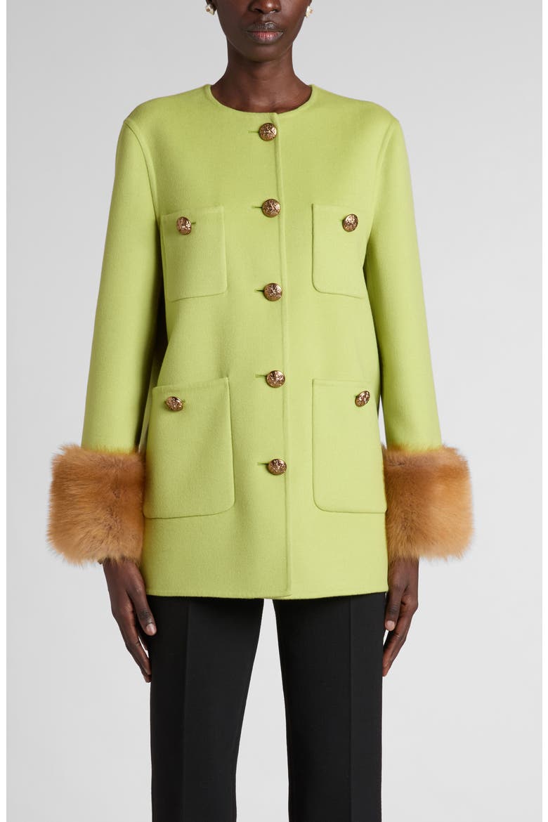 Compact Drape Wool & Cashmere Jacket with Genuine Shearling Cuffs, Main, color, LIGHT GREEN