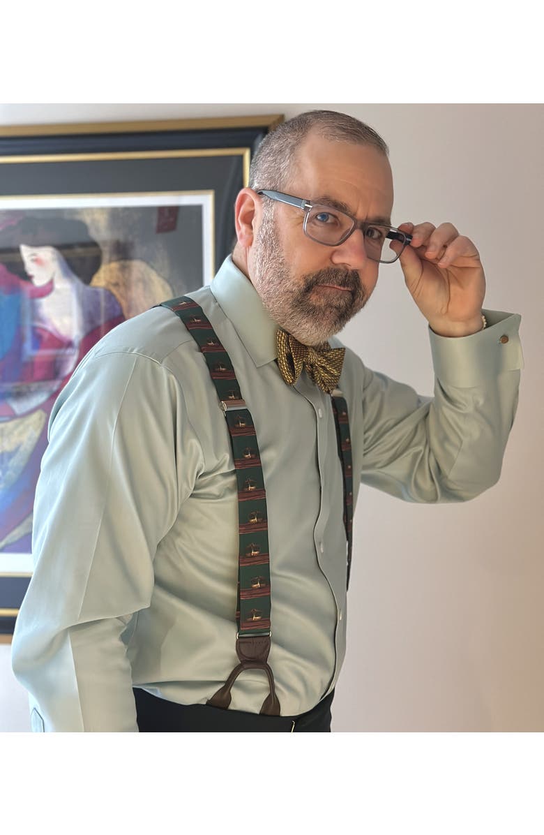 Trafalgar Secret Identity Mardi Gras Mask Silk Button End Suspenders, Alternate, color, Green