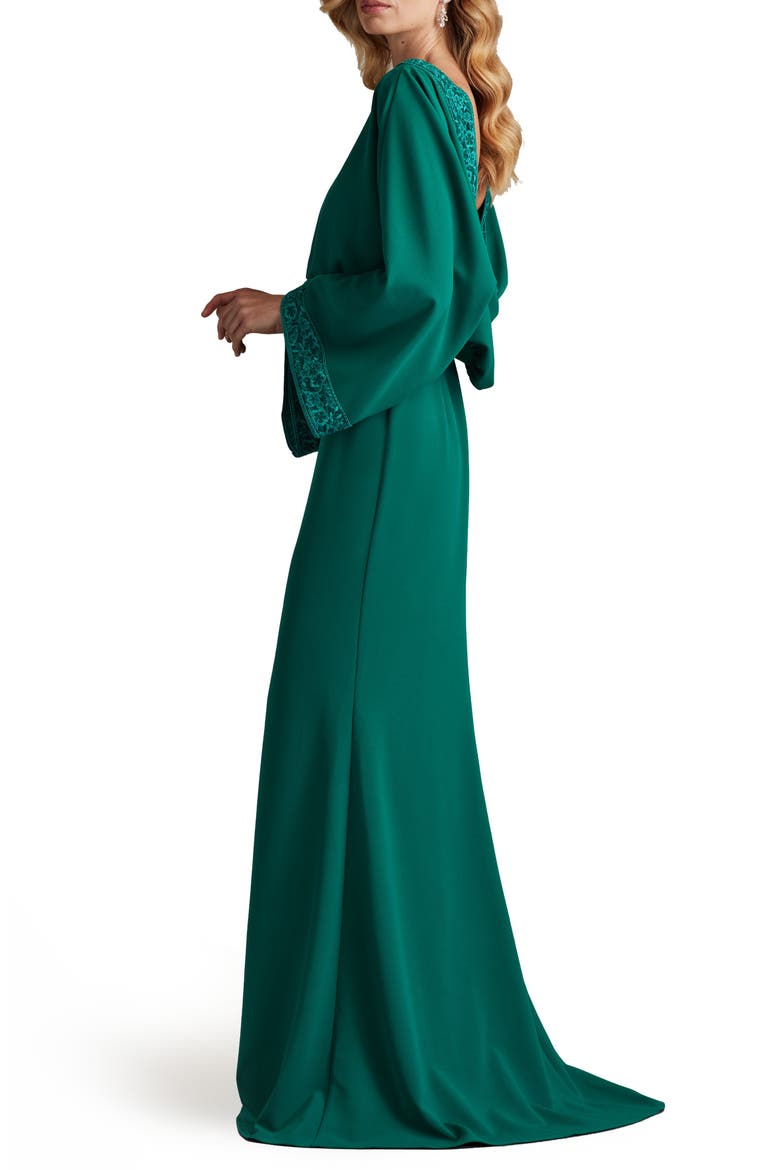 Drape Back Crepe Long Sleeve Gown, Alternate, color, EMERALD