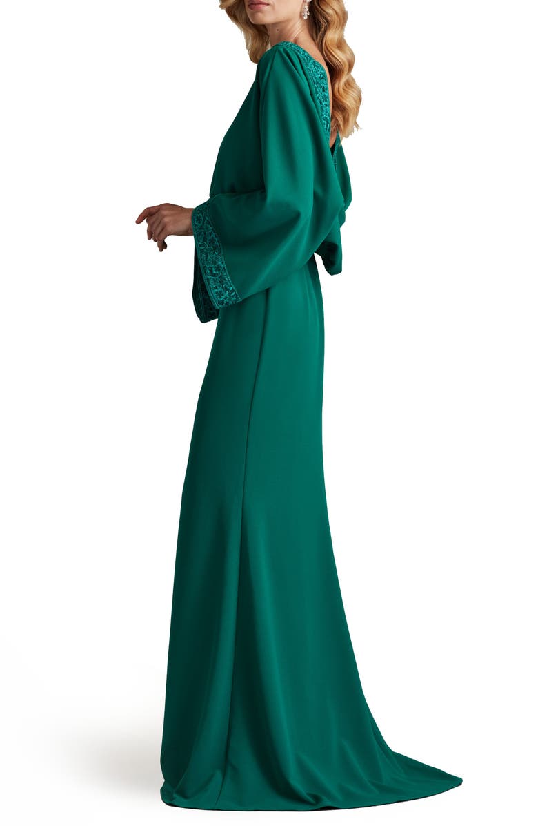 Tadashi Shoji Drape Back Crepe Long Sleeve Gown, Alternate, color, Emerald