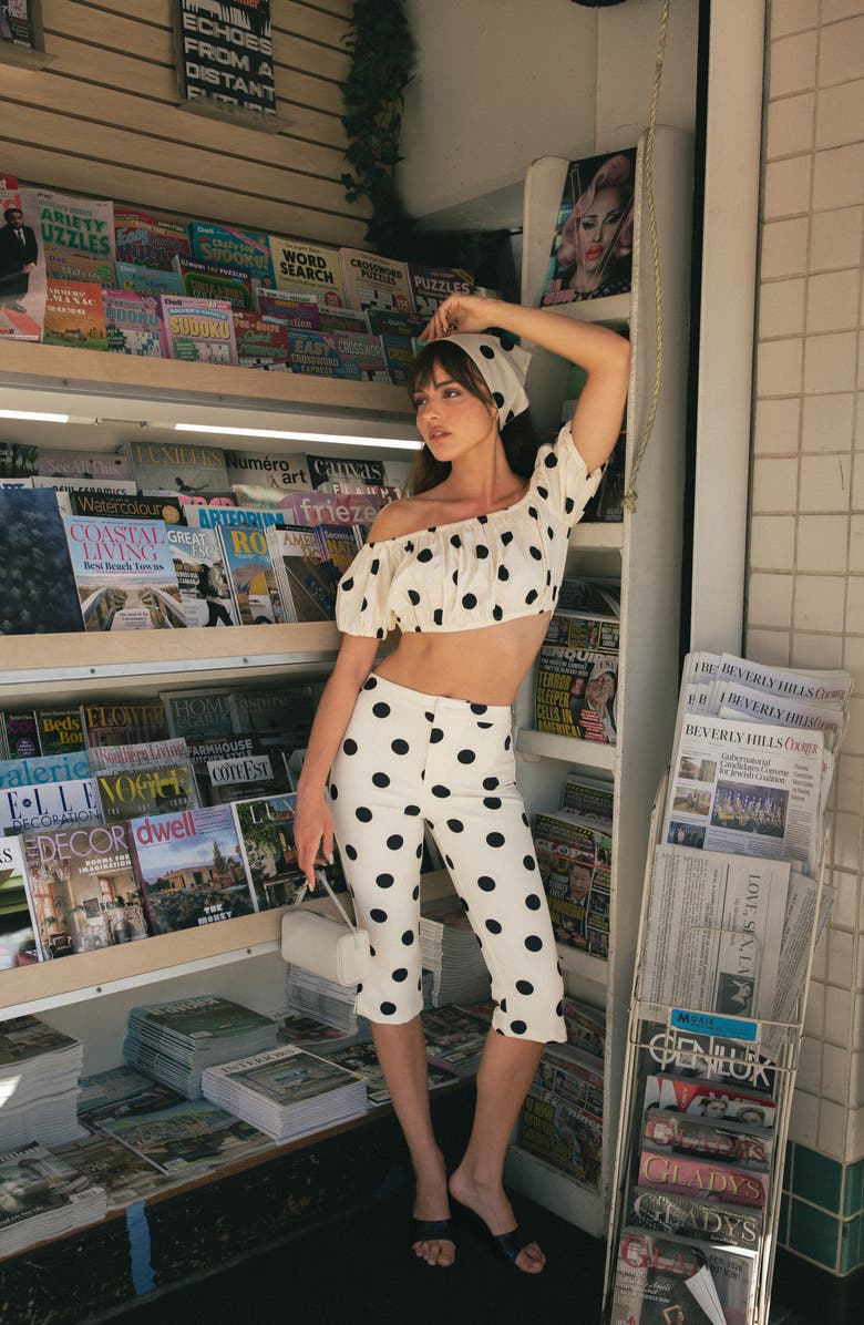 WAYF Annie Polka Dot Crop Stretch Cotton Top, Alternate, color, Ant Ivory Polka Dot