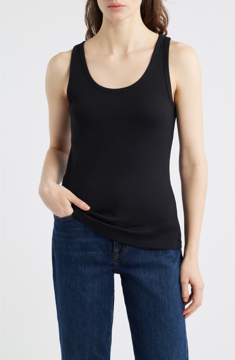 Eileen Fisher Slim Fit Scoop Neck Stretch Cotton Tank, Main, color, Black