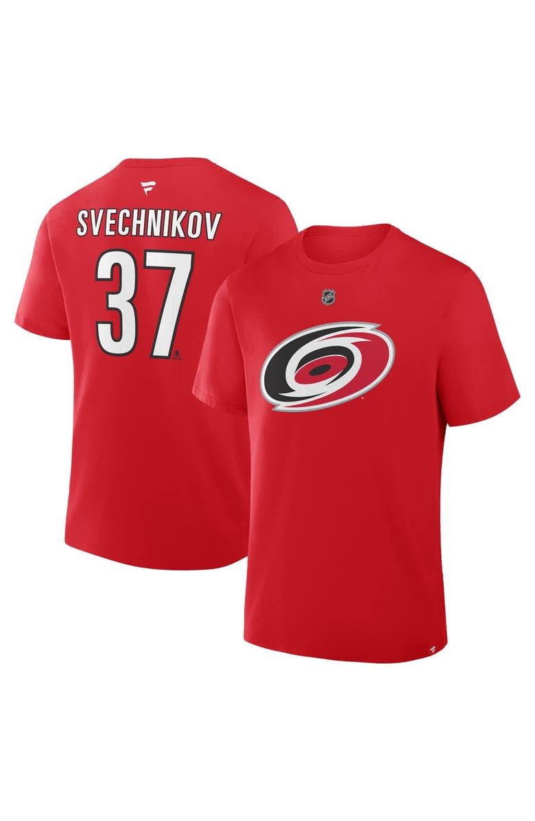 FANATICS Men's Fanatics Andrei Svechnikov Red Carolina Hurricanes Authentic Stack Name & Number T-Shirt, Main, color, Red